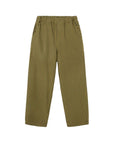 A pair of olive green trousers with thin vertical black stripes, featuring an elastic waistband and side pockets, laid flat against a light gray background.