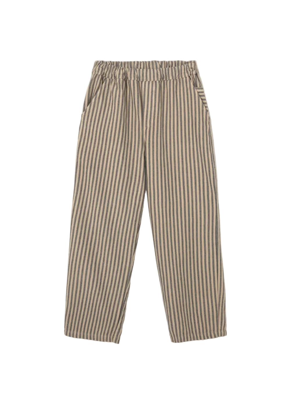 A pair of beige and brown vertically striped trousers with an elastic waistband, laid flat against a light gray background.