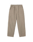 A pair of beige and brown vertically striped trousers with an elastic waistband, laid flat against a light gray background.