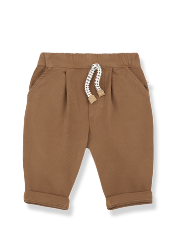 Brown baby pants with a white and brown drawstring on a white background