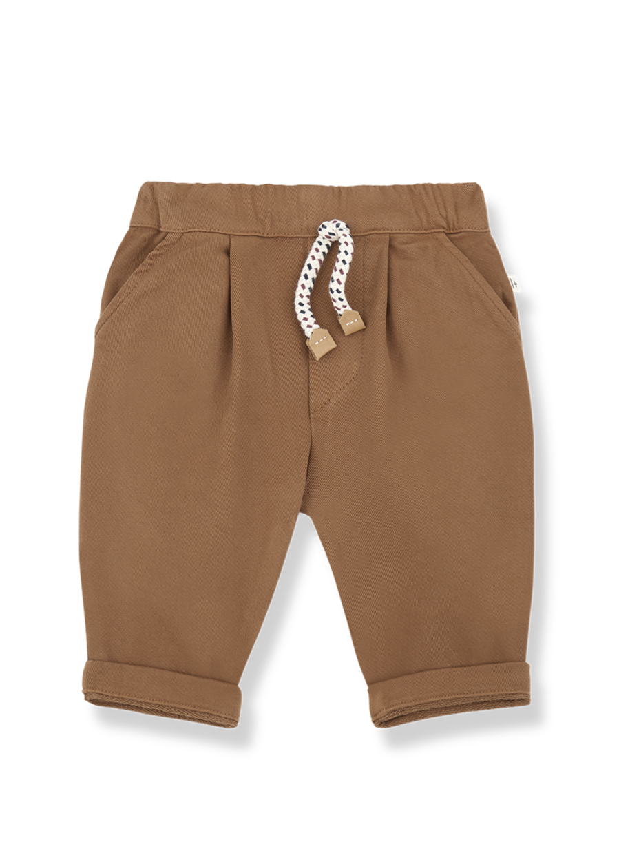 Brown baby pants with a white and brown drawstring on a white background