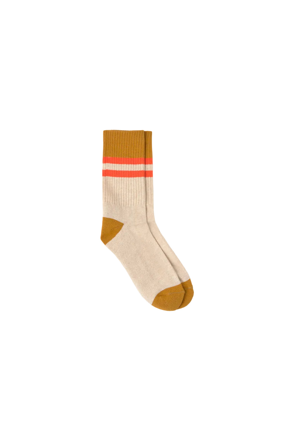 Beige sock with red and brown stripes on a white background