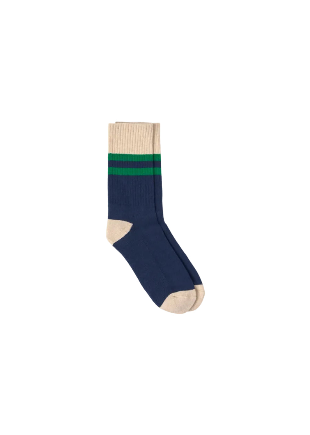 Navy sock with green and beige accents on a white background