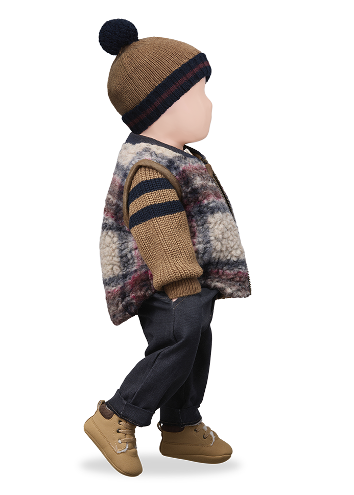 Child's outfit with a plaid vest, striped shirt, pants, and shoes on a white background
