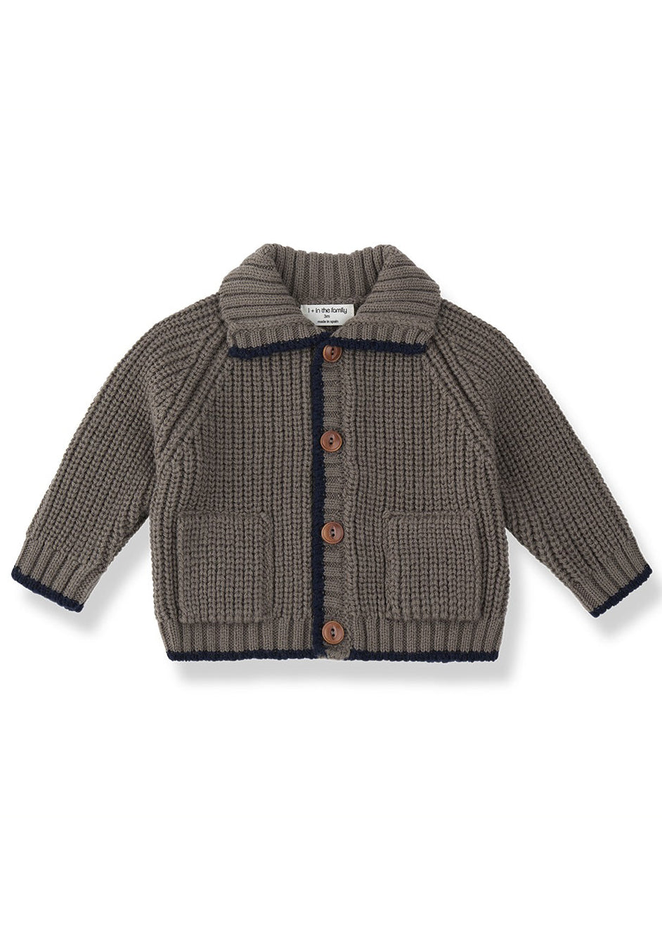 A baby knit cardigan sweater in taupe brown with dark navy blue trim and brown buttons, displayed flat against a white background.