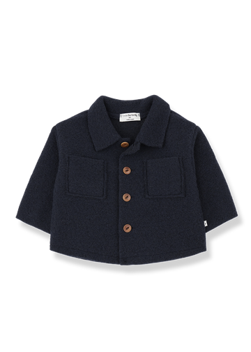 Navy blue children's jacket with brown buttons on a white background