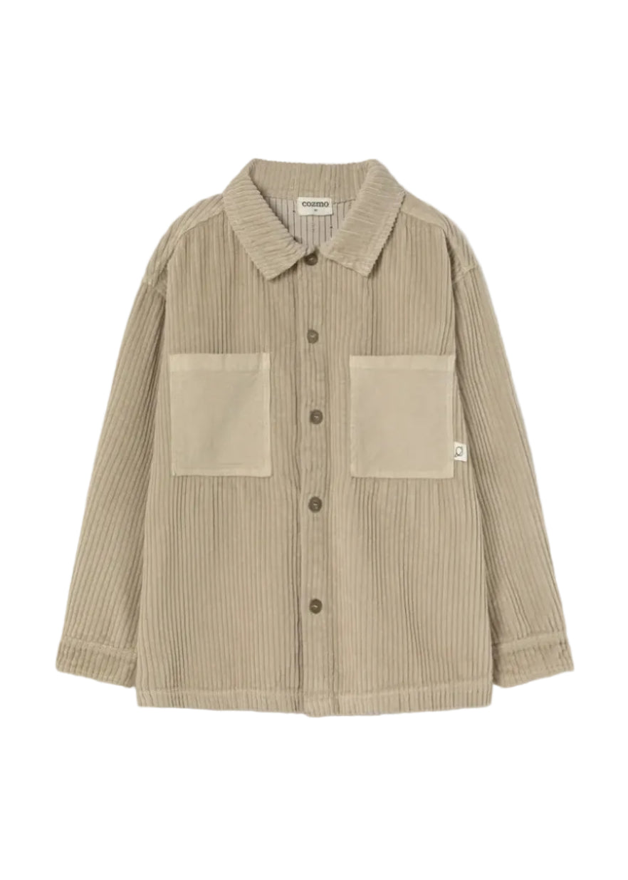 A beige corduroy button-up shirt jacket with a pointed collar, two large front patch pockets, and dark buttons, shown flat on a light gray background.