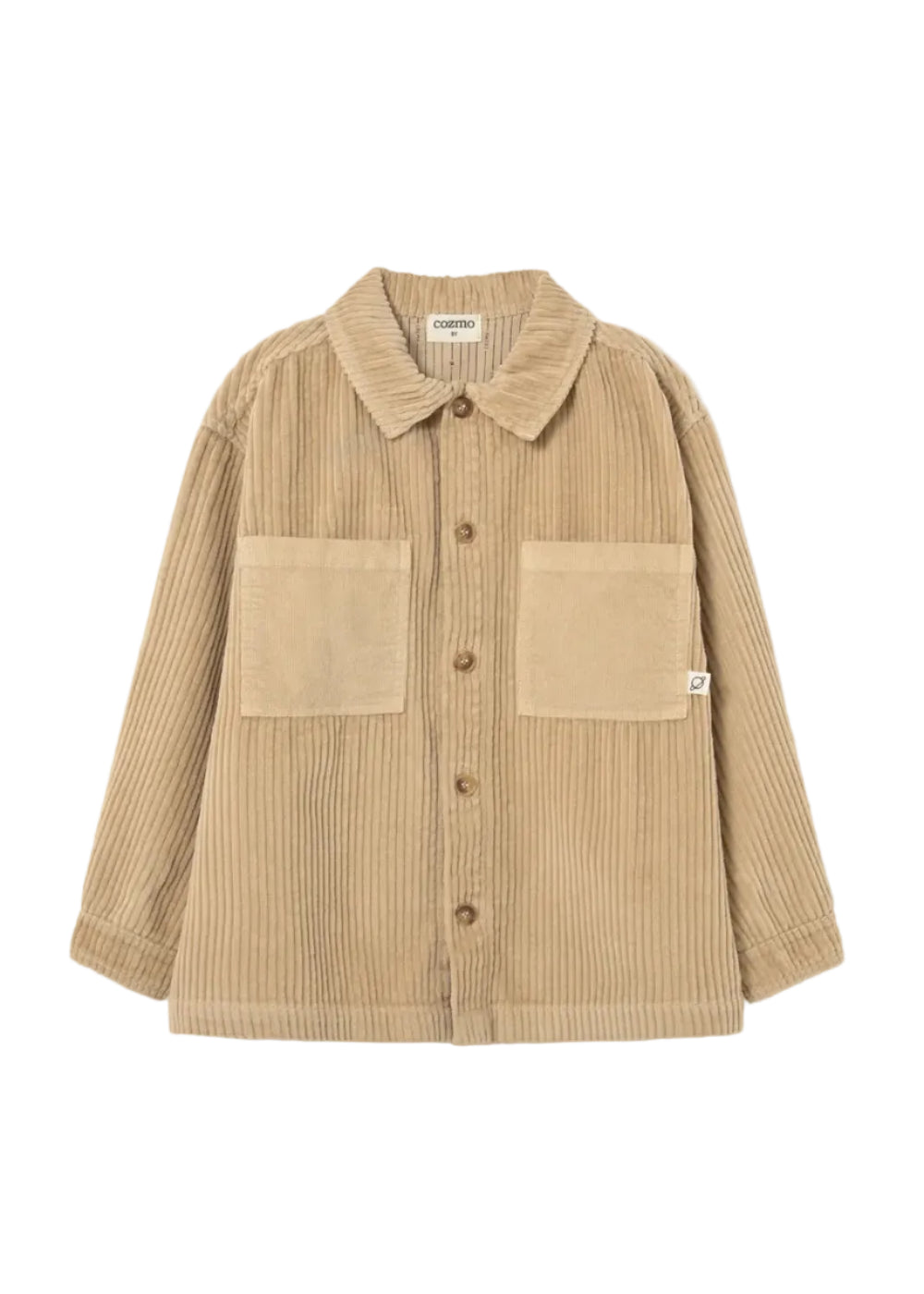 Beige corduroy shirt with two front pockets on a light gray background