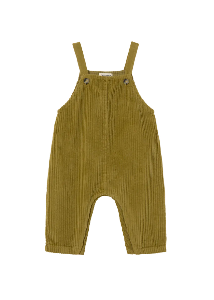 Green corduroy overalls on a white background