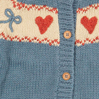 Knitted cardigan with heart and bow patterns on a blue background