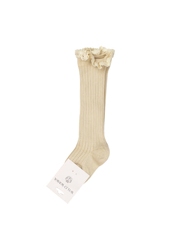 Beige ribbed knee-high sock with floral design on a white background