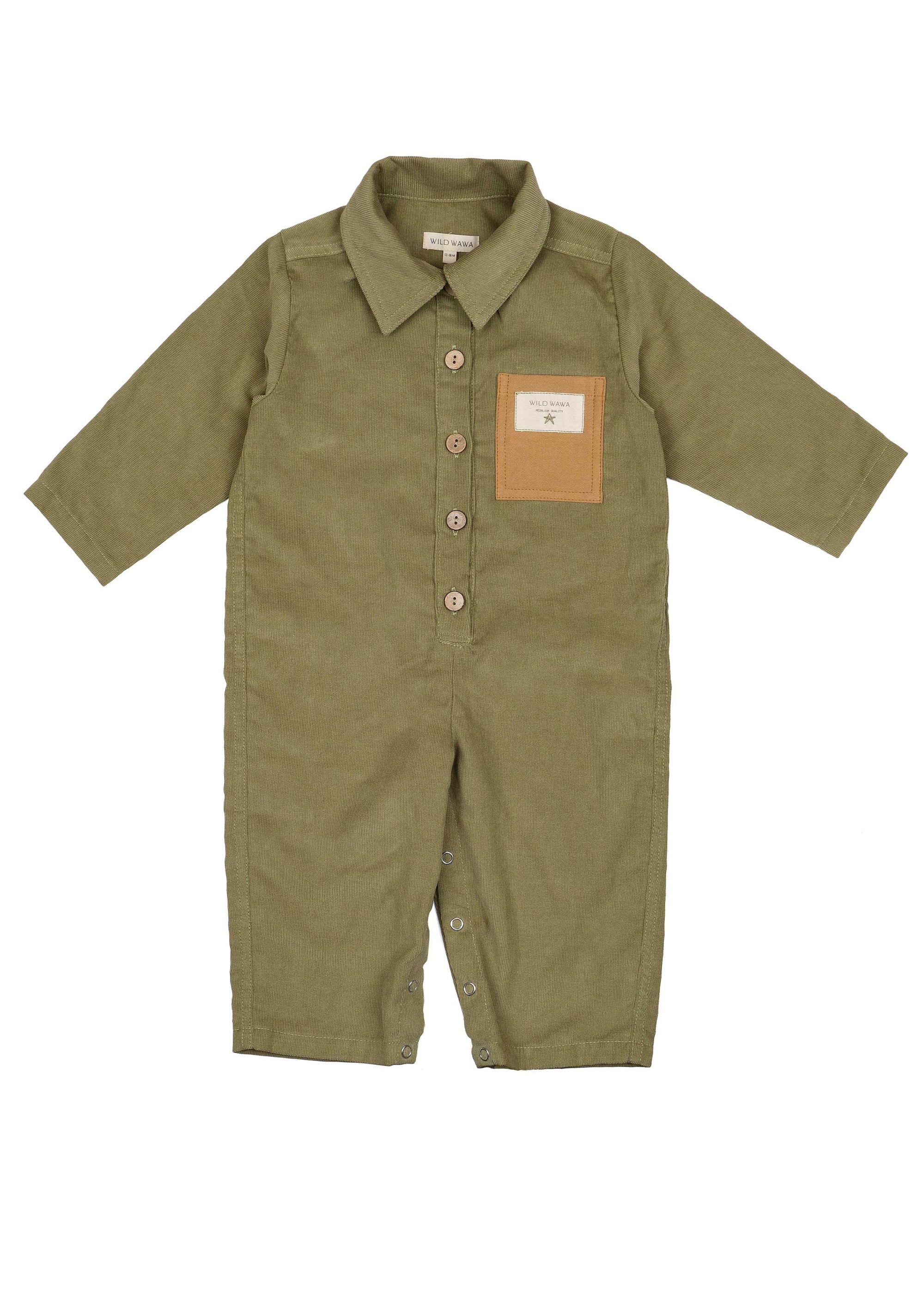 Green baby romper with a brown pocket on a white background