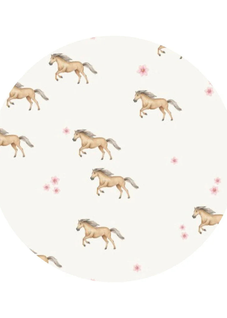 Round plate with horse illustrations on a white background