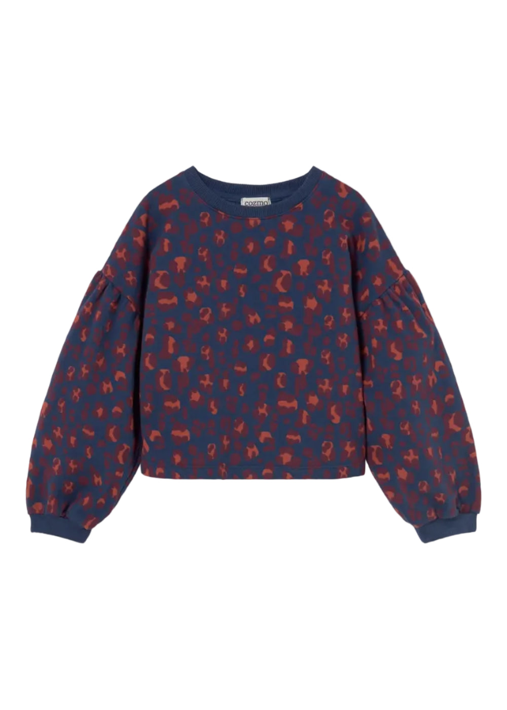 Navy blue sweater with red pattern on a light gray background