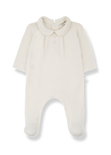 White baby onesie with a collar on a white background