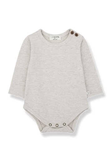 Gray baby bodysuit with button details on a white background