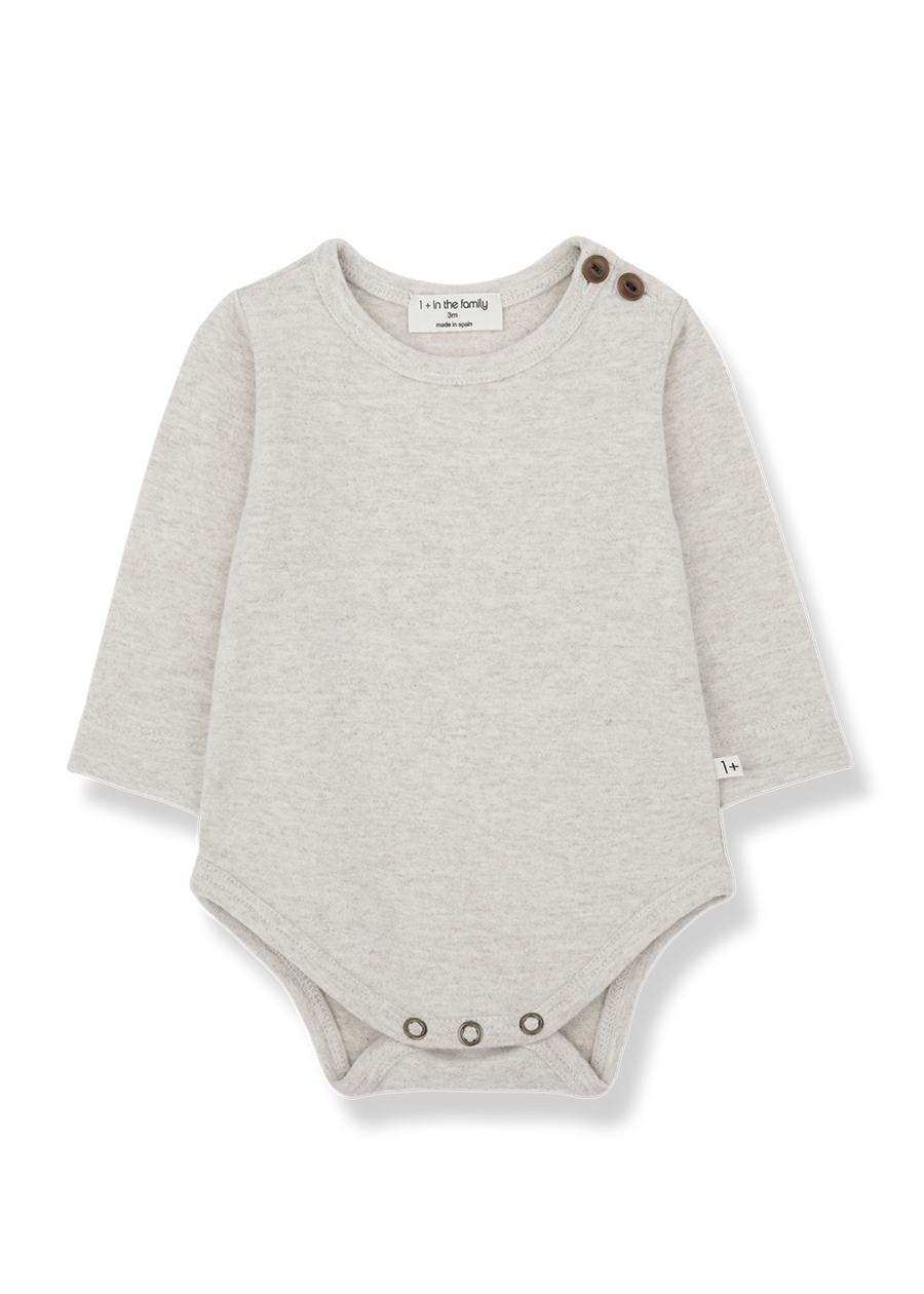 Gray baby bodysuit with button details on a white background