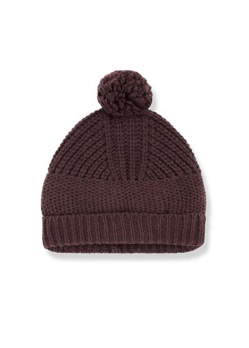 Brown knit beanie with a pom-pom on a white background