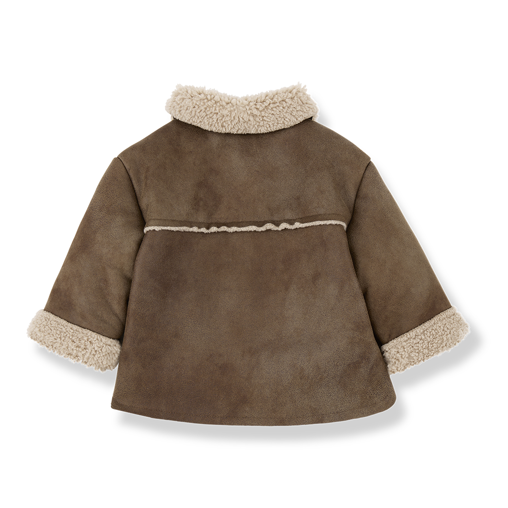 Brown children's coat with beige sherpa lining on a white background