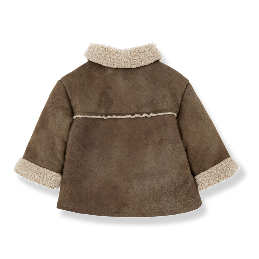 Brown children's coat with beige sherpa lining on a white background