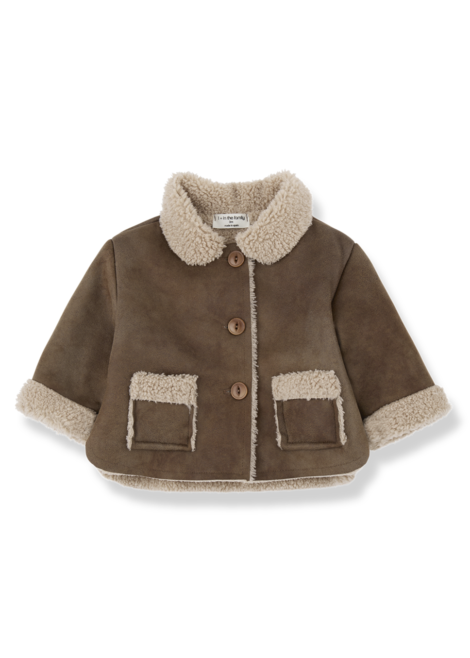 Brown children's coat with beige trim on a white background