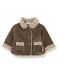 Brown children's coat with beige trim on a white background