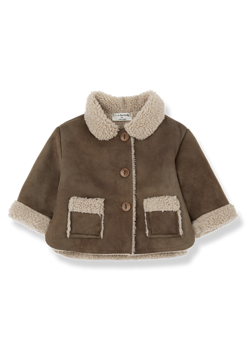Brown children's coat with beige trim on a white background