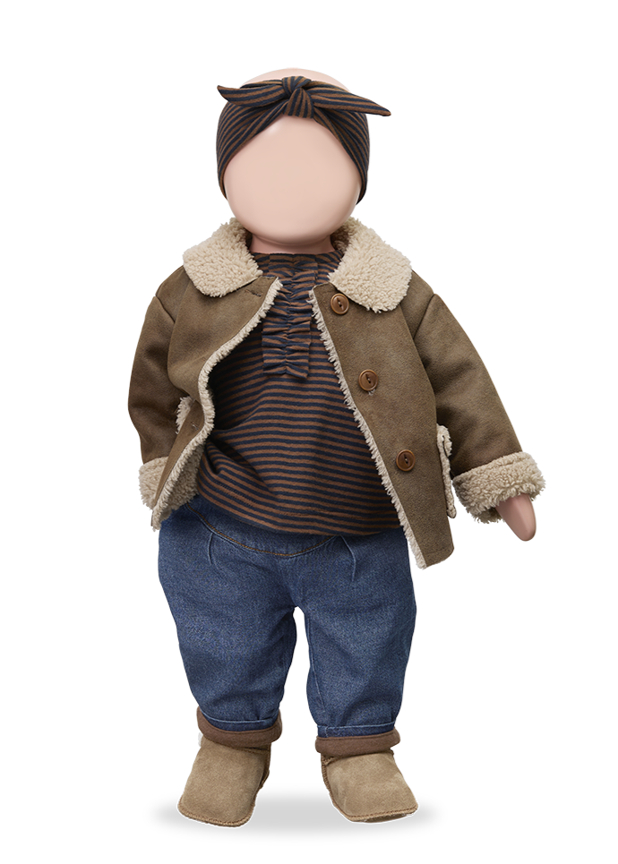 Doll wearing a brown coat, striped shirt, blue jeans, and brown boots on a white background