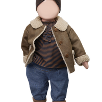 Doll wearing a brown coat, striped shirt, blue jeans, and brown boots on a white background