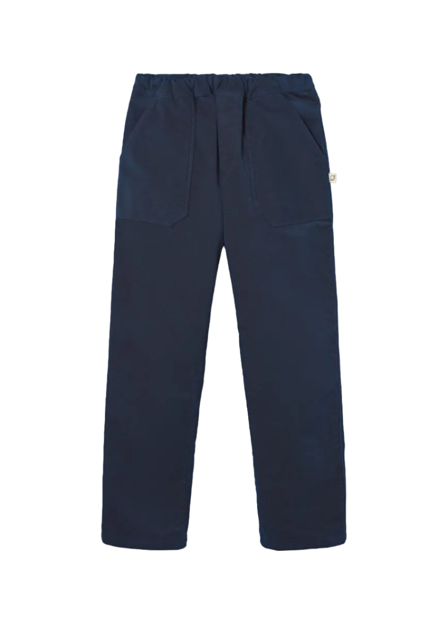 Navy blue pants on a light gray background