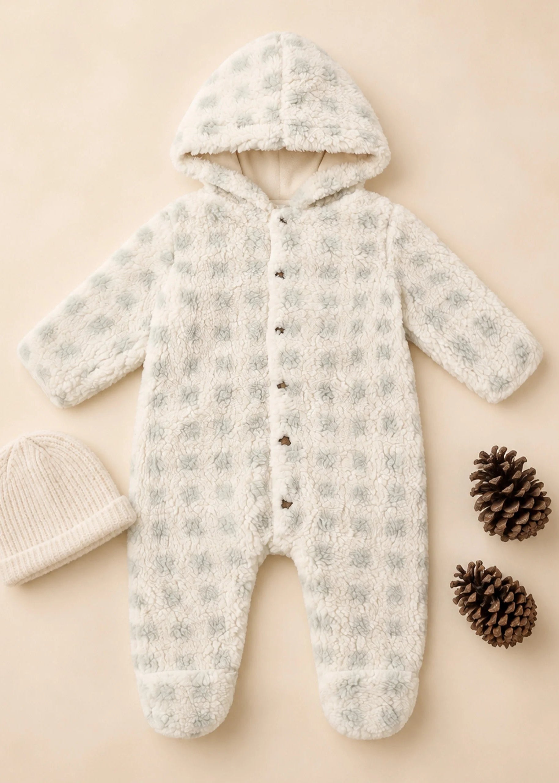 A baby one-piece hooded sleeper in a soft textured fabric with a light gray and cream check pattern, laid flat on a beige background alongside a cream knit beanie and two pinecones.