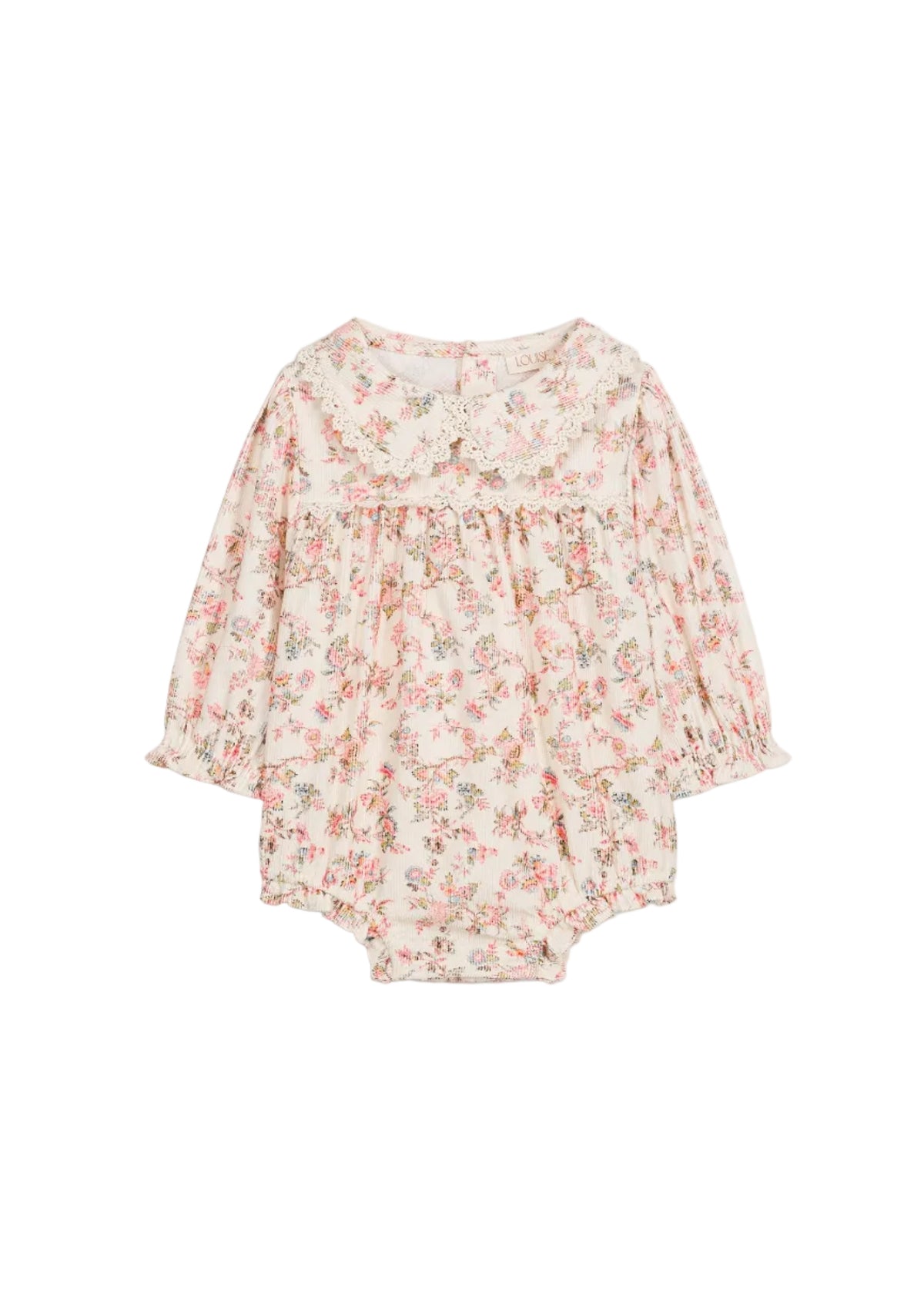 A baby long-sleeve romper in a light pink and beige floral print, shown flat against a plain white background.