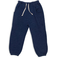 Navy blue jogger pants with a white drawstring on a white background