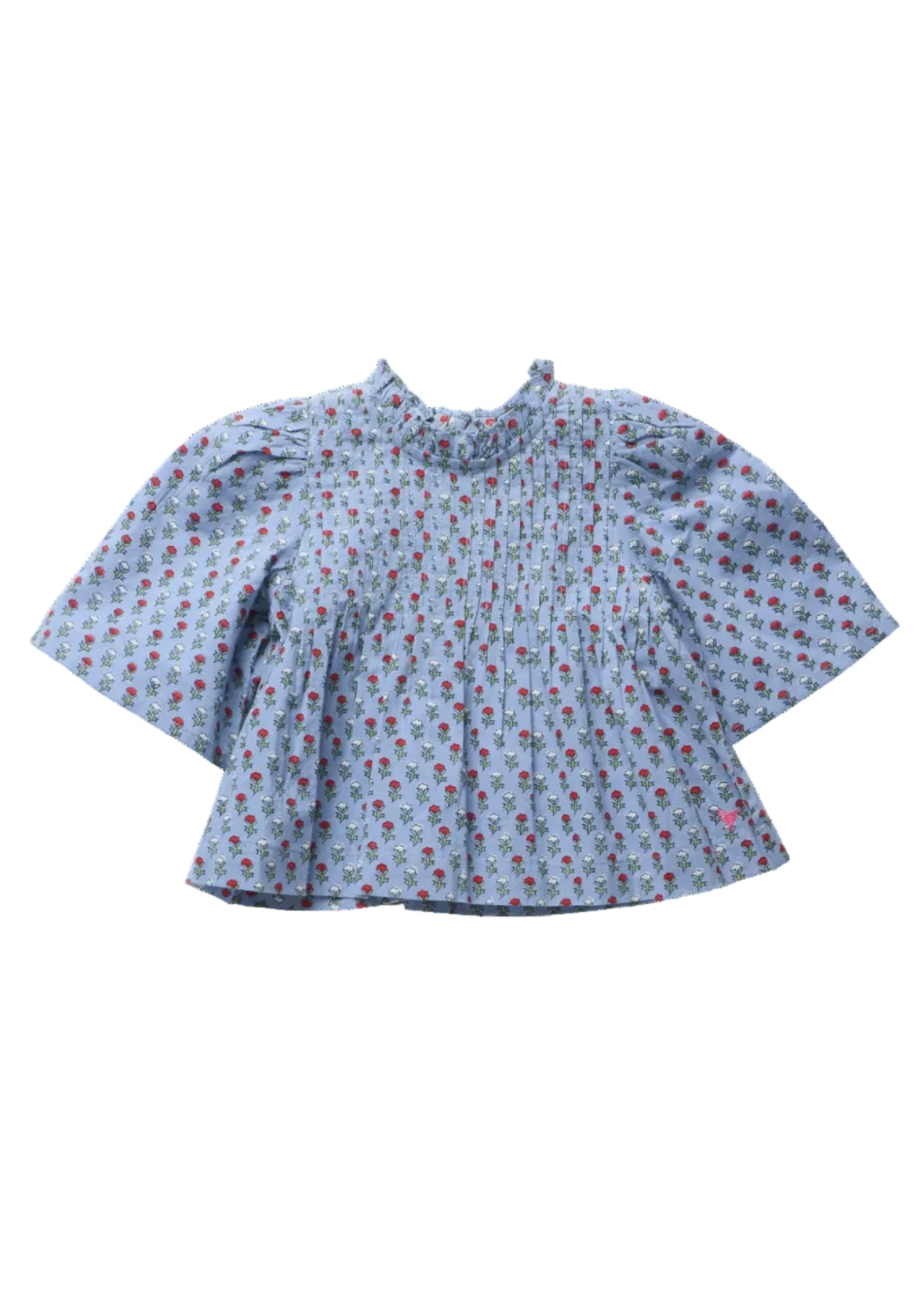 A light blue blouse with a dense red and white floral print, featuring a smocked high neckline and voluminous short sleeves, shown flat on a white background.