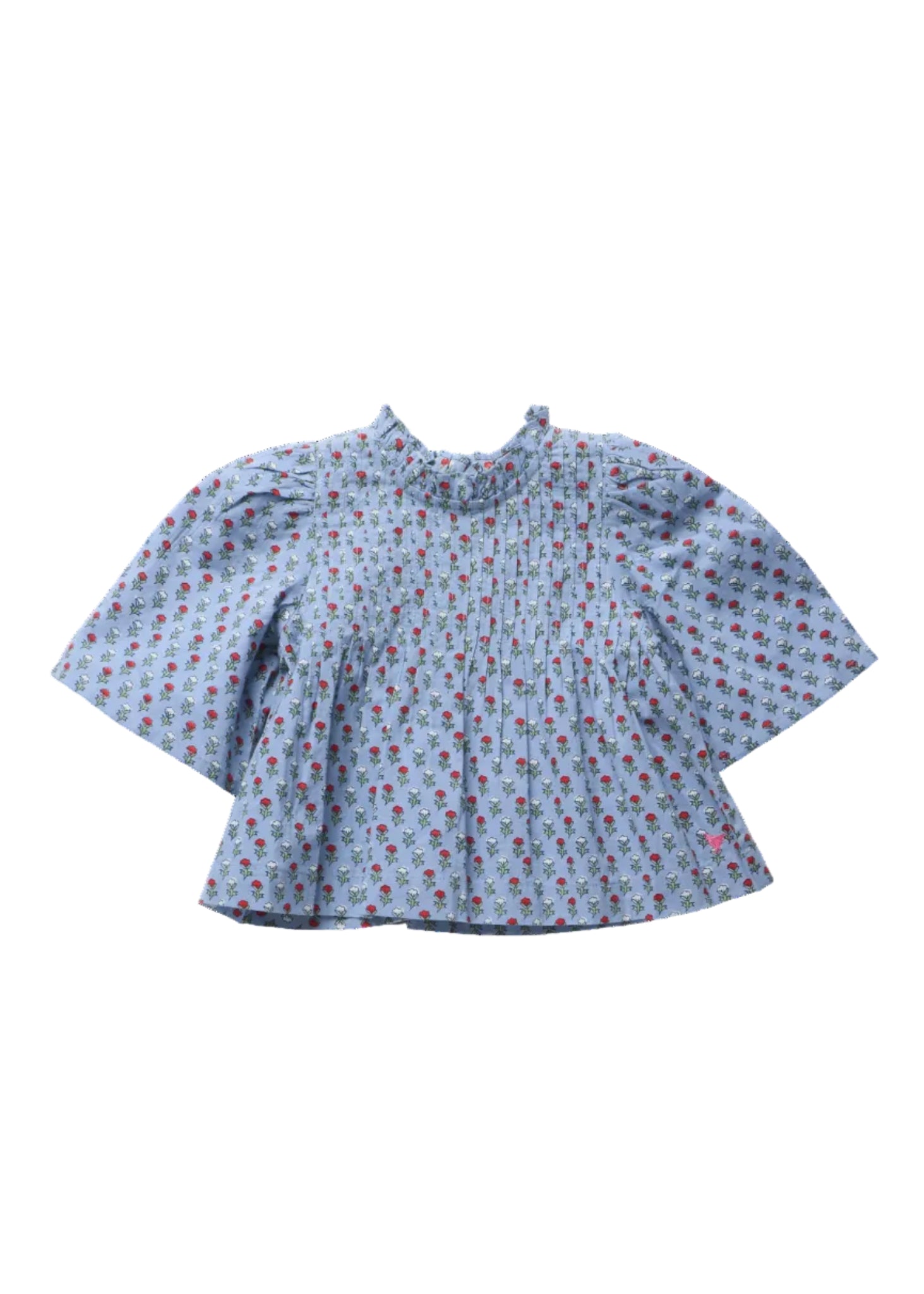 A light blue blouse with a dense red and white floral print, featuring a smocked high neckline and voluminous short sleeves, shown flat on a white background.