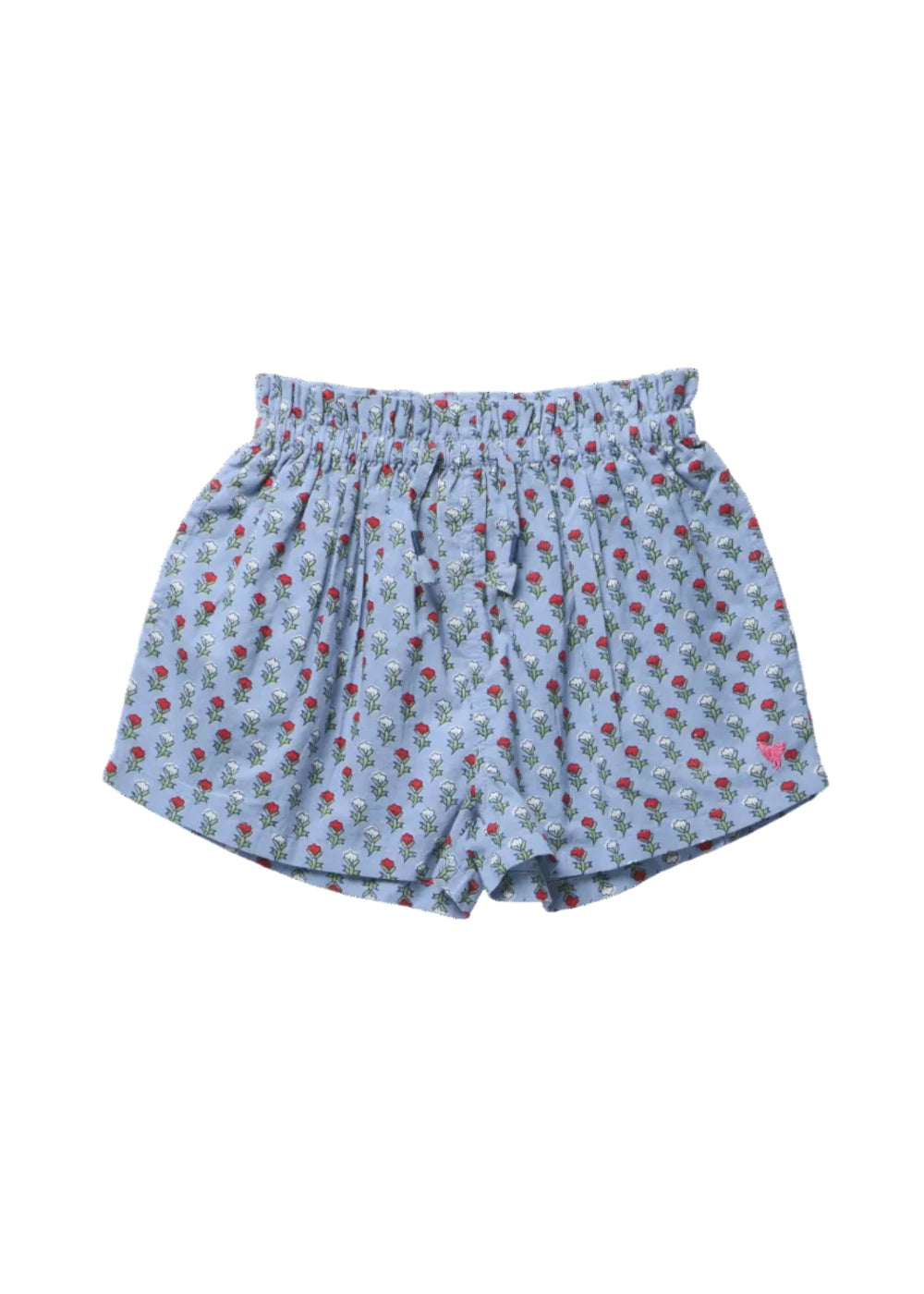 Light blue elastic-waist shorts with an allover red rose and white flower print, shown flat against a white background.