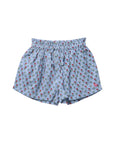 Light blue elastic-waist shorts with an allover red rose and white flower print, shown flat against a white background.