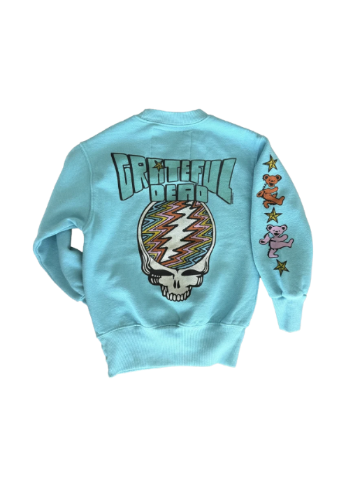 A light blue crewneck sweatshirt featuring the back graphic of the Grateful Dead, including the 'Grateful Dead' text, a skull with a multicolor zigzag pattern, and a sleeve print with three bears and stars.