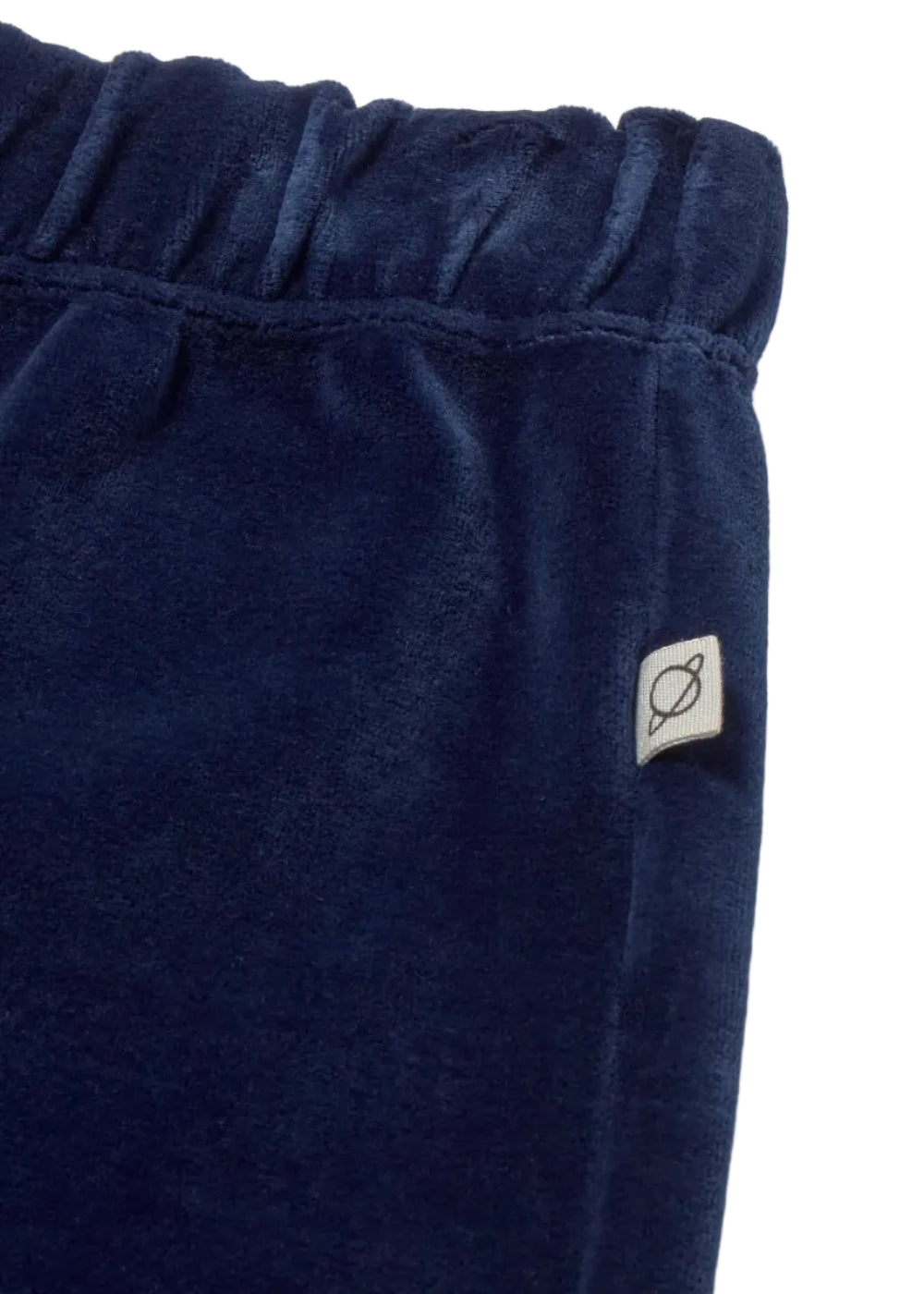 Navy blue fleece pants with a brand logo on a light gray background