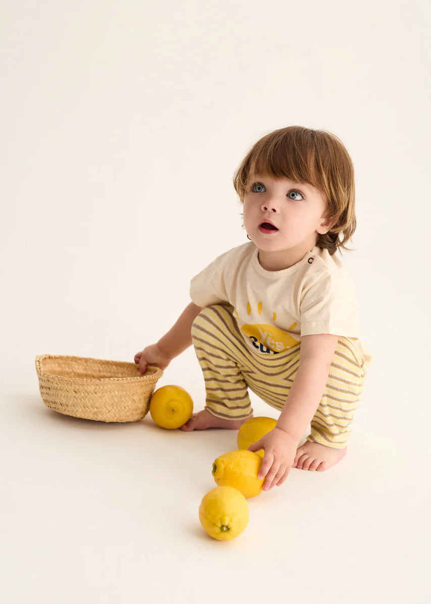 Child playing with lemons and a basket on a white background