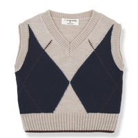 Two-tone argyle patterned sweater vest on a white background