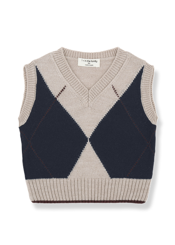 Two-tone argyle patterned sweater vest on a white background