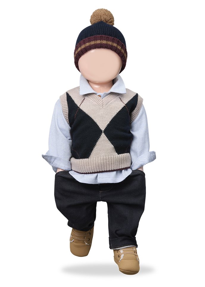 Child's outfit with a sweater vest, shirt, pants, and hat on a white background
