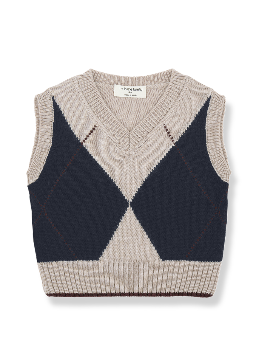 Two-tone argyle patterned sweater vest on a white background
