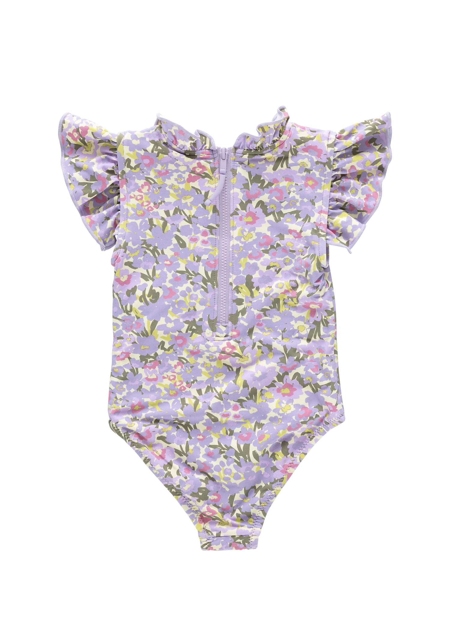Floral-patterned swimsuit with ruffled sleeves on a white background