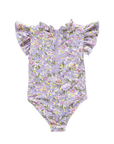 Floral-patterned swimsuit with ruffled sleeves on a white background