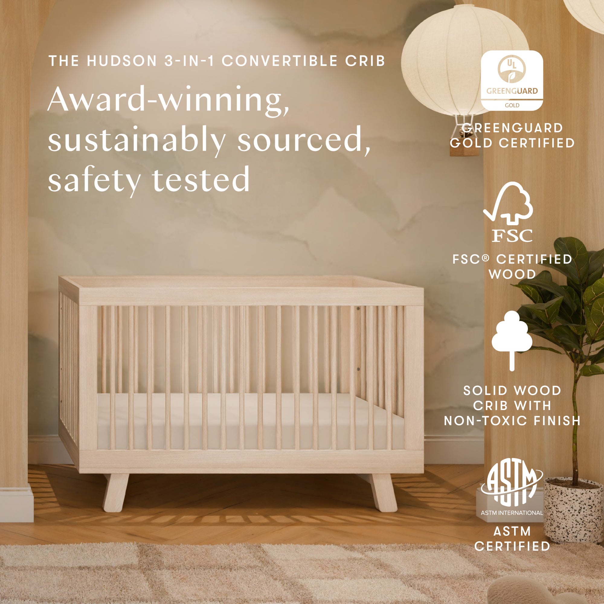 HUDSON 3-IN-1 CONVERTIBLE CRIB WITH TODDLER BED CONVERSION KIT - WASHED NATURAL