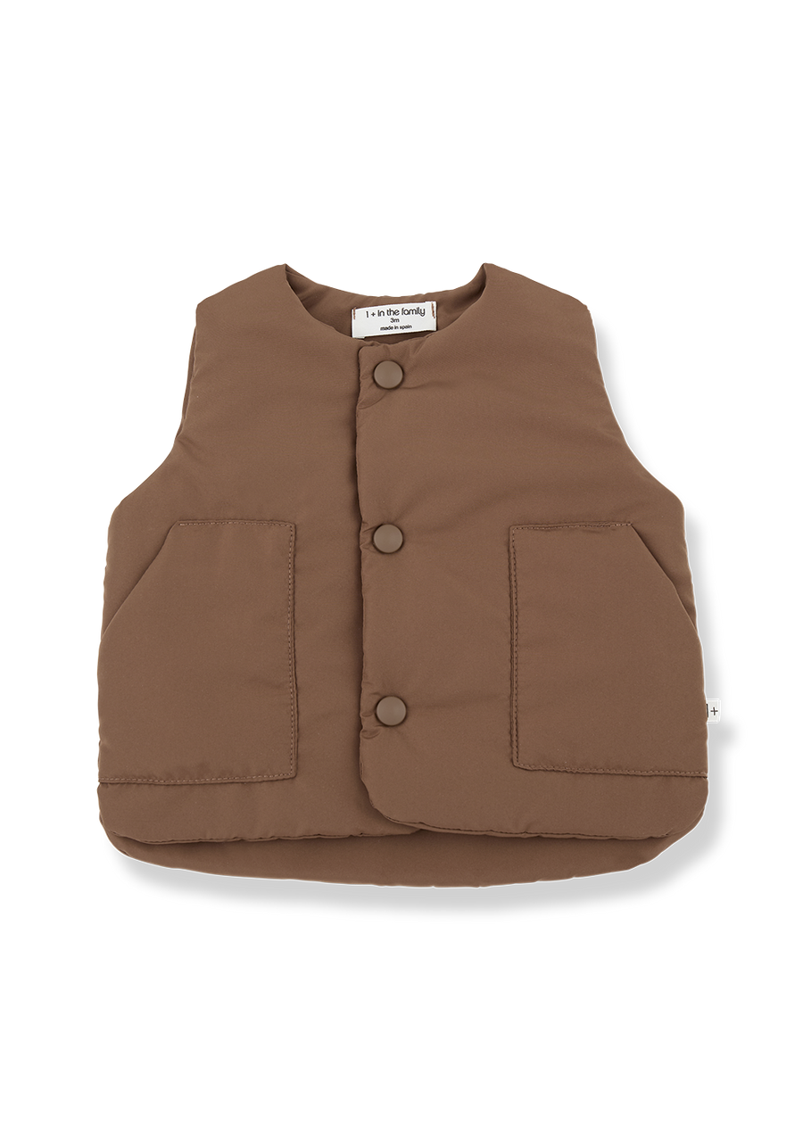 Brown children's vest with button details on a white background