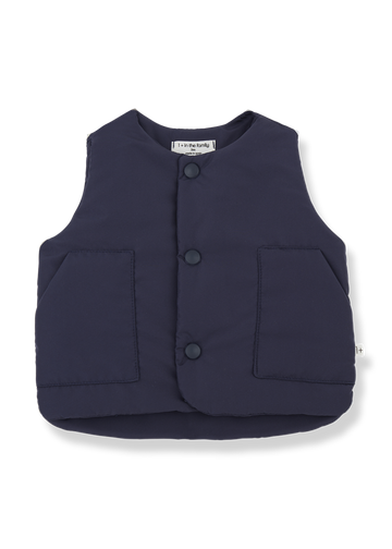 Navy blue vest with button details on a white background