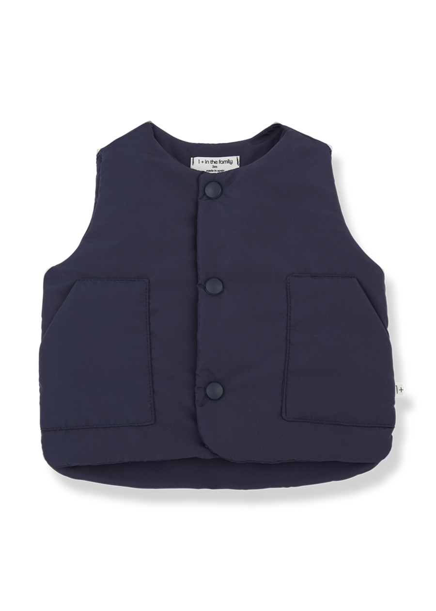 Navy blue vest with button details on a white background